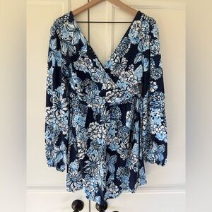 NWT Lilly Pulitzer Riza Skirted Romper in Low Tide Navy Bouquet All Day, size L